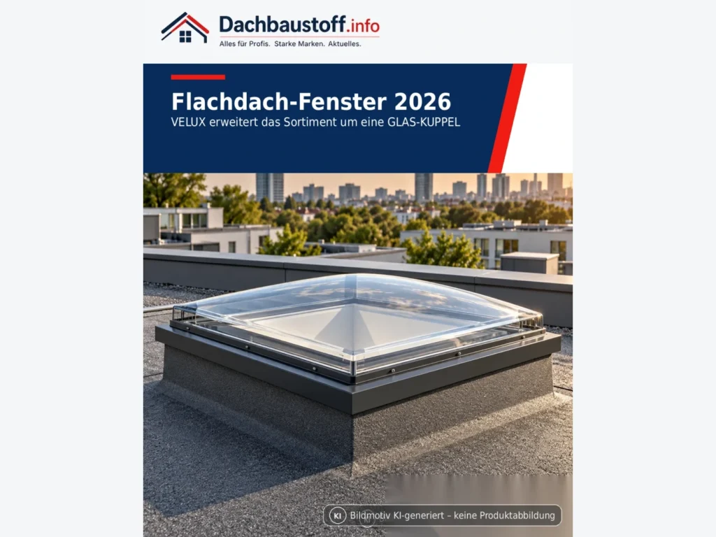 VELUX erweitert Flachdach-Sortiment: GLAS-KUPPEL ab September 2026 – Bildmotiv KI-generiert – keine Produktabbildung