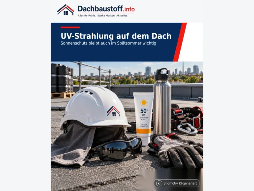 UV-Strahlung auf dem Dach: Sonnenschutz bleibt auch im Spätsommer ein Arbeitsschutzthema – Bildmotiv KI-generiert