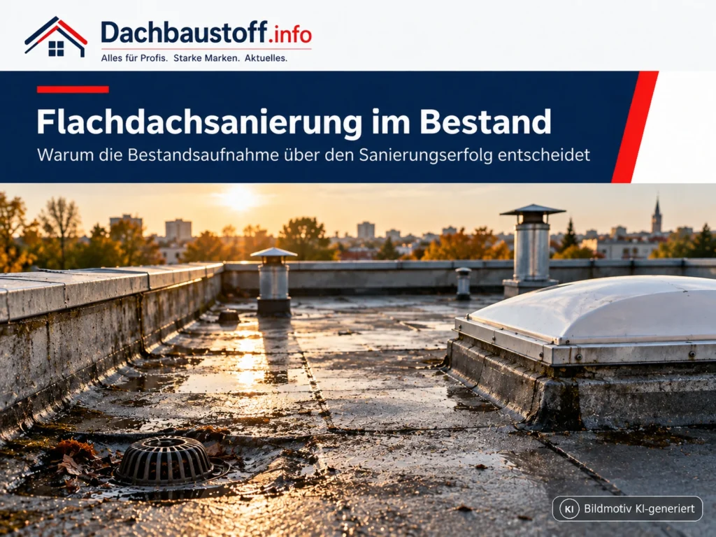 Flachdach im Bestand vor einer Sanierung – Bildmotiv KI-generiert