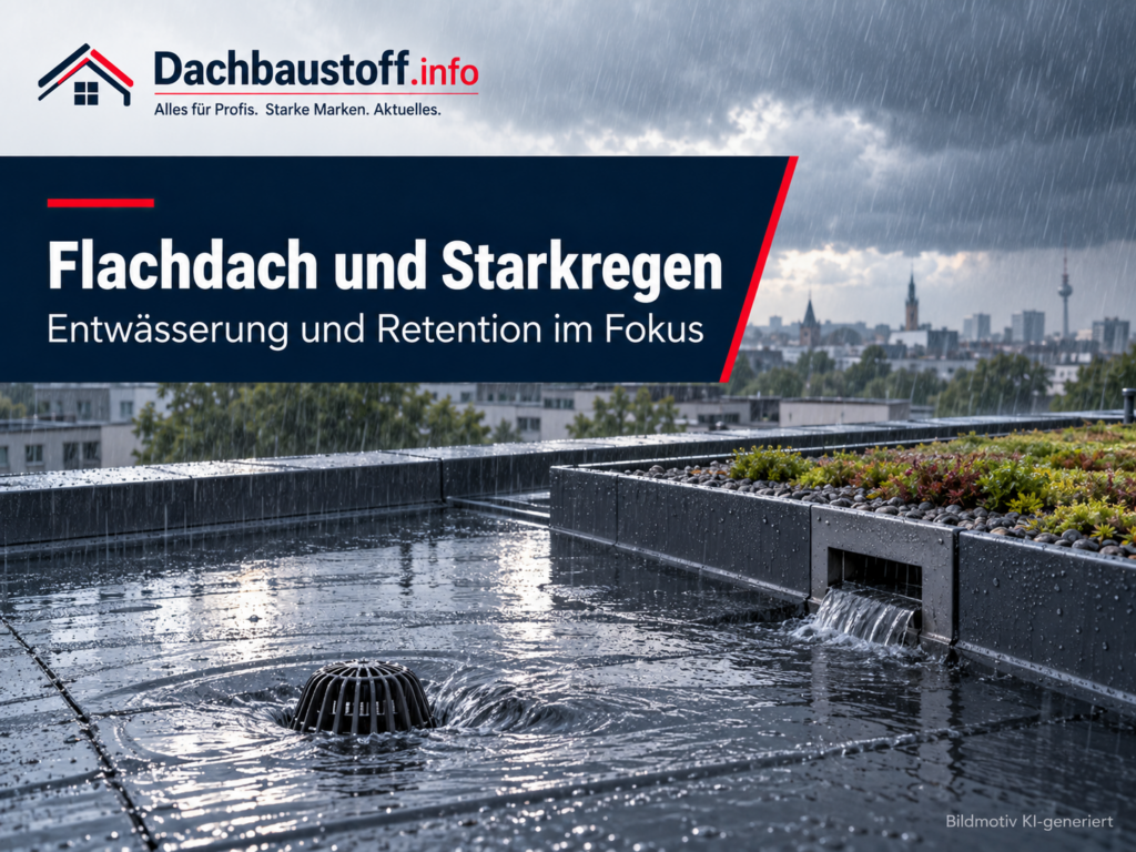 Flachdach und Starkregen: Entwässerung, Retention und Wartung stärker mitdenken – Bildmotiv KI-generiert