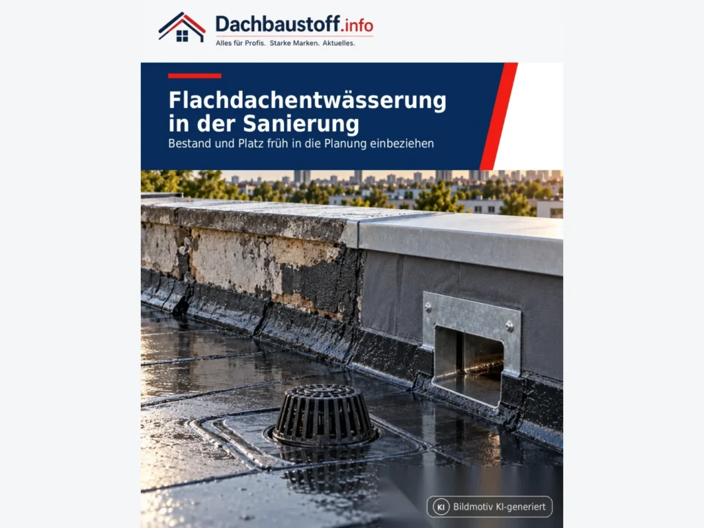 Flachdachentwässerung in der Sanierung: Wenn Bestand und Platz Grenzen setzen – Bildmotiv KI-generiert