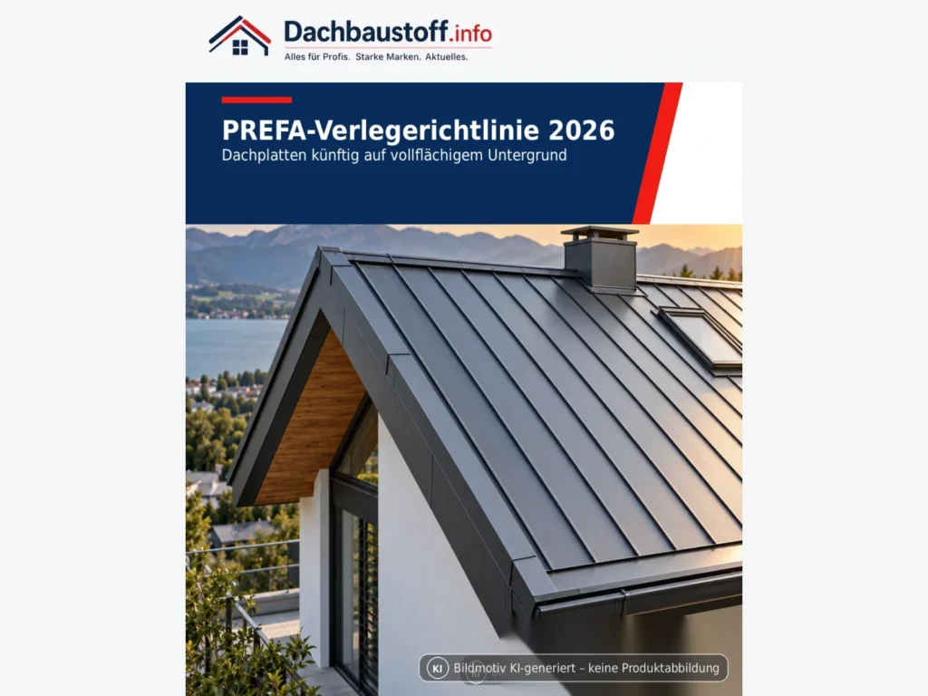 PREFA-Verlegerichtlinie 2026: Dachplatten künftig auf vollflächigem Untergrund – Bildmotiv KI-generiert – keine Produktabbildung