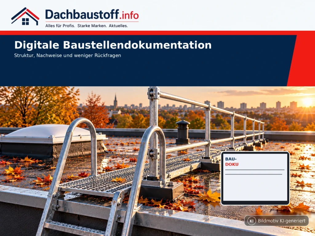 Digitale Baustellendokumentation auf einer Dachbaustelle – Bildmotiv KI-generiert