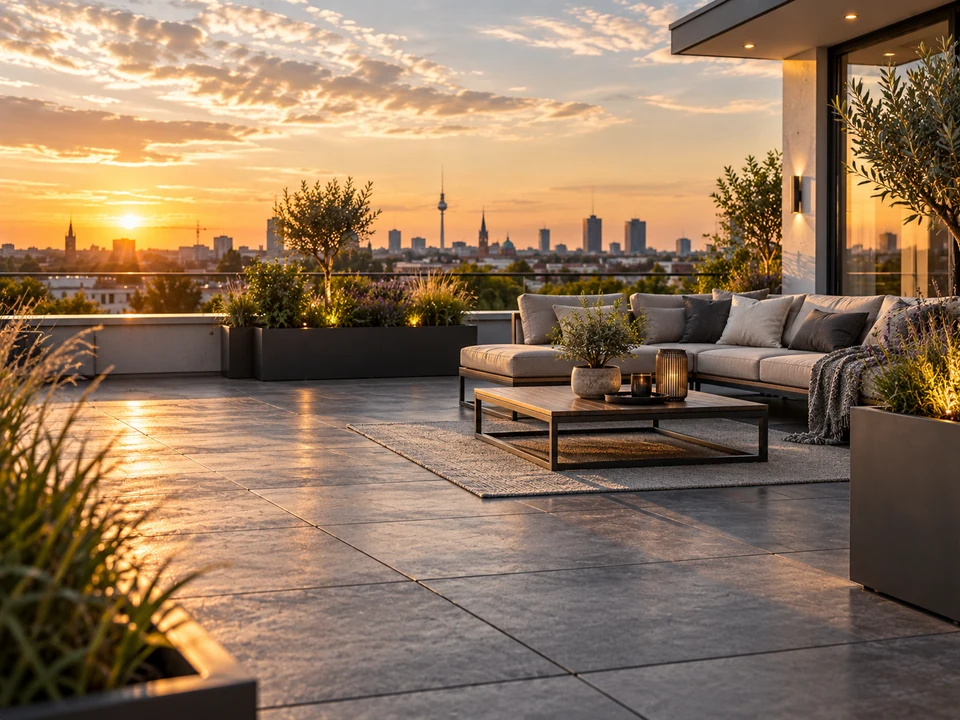 Moderne Dachterrasse mit Plattenbelag