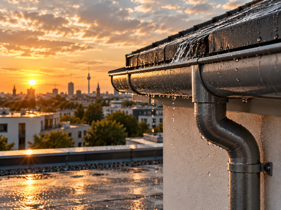 Dachrinne und Regenentwässerung bei Niederschlag