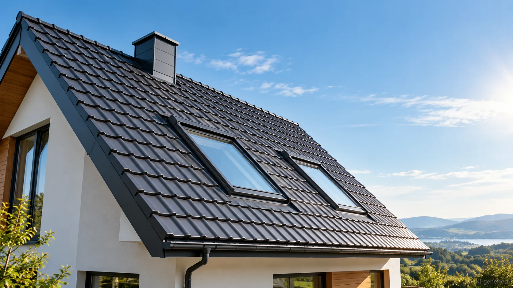 Modernes Steildach mit dunkler Dacheindeckung und Dachfenstern