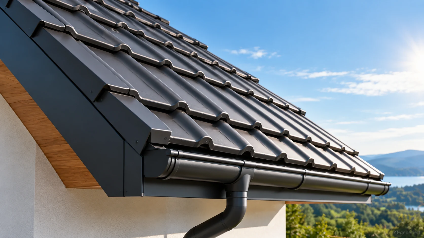 Modernes Dachdetail mit Dacheindeckung und Dachentwässerung