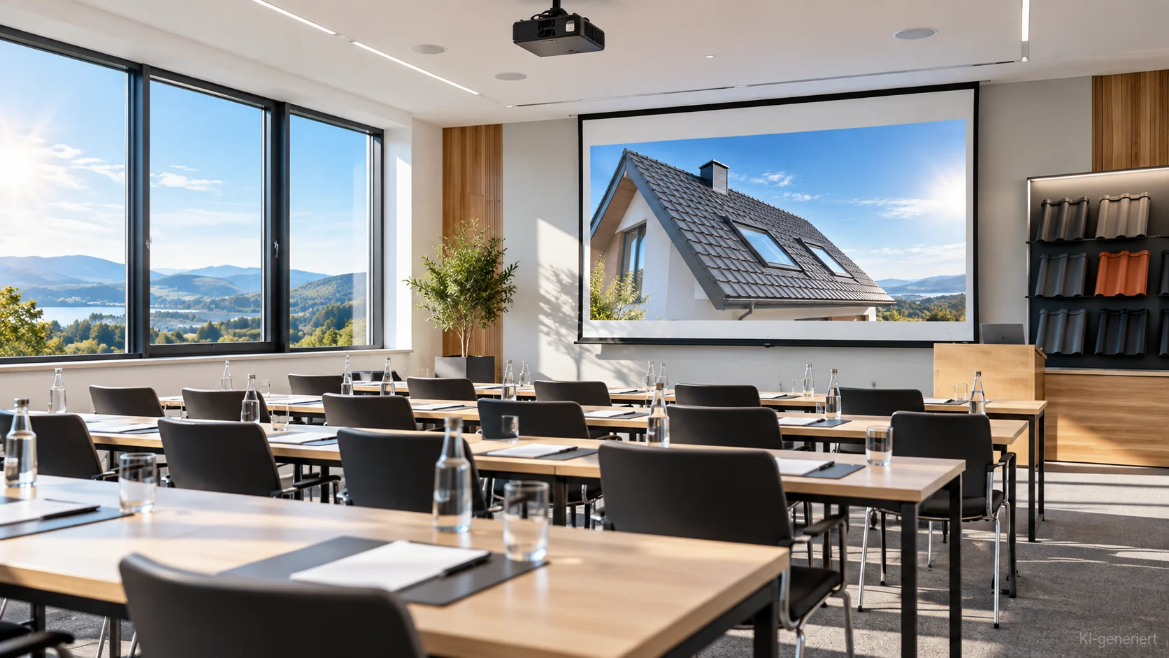 Moderner leerer Schulungsraum mit Präsentation zur Dachtechnik