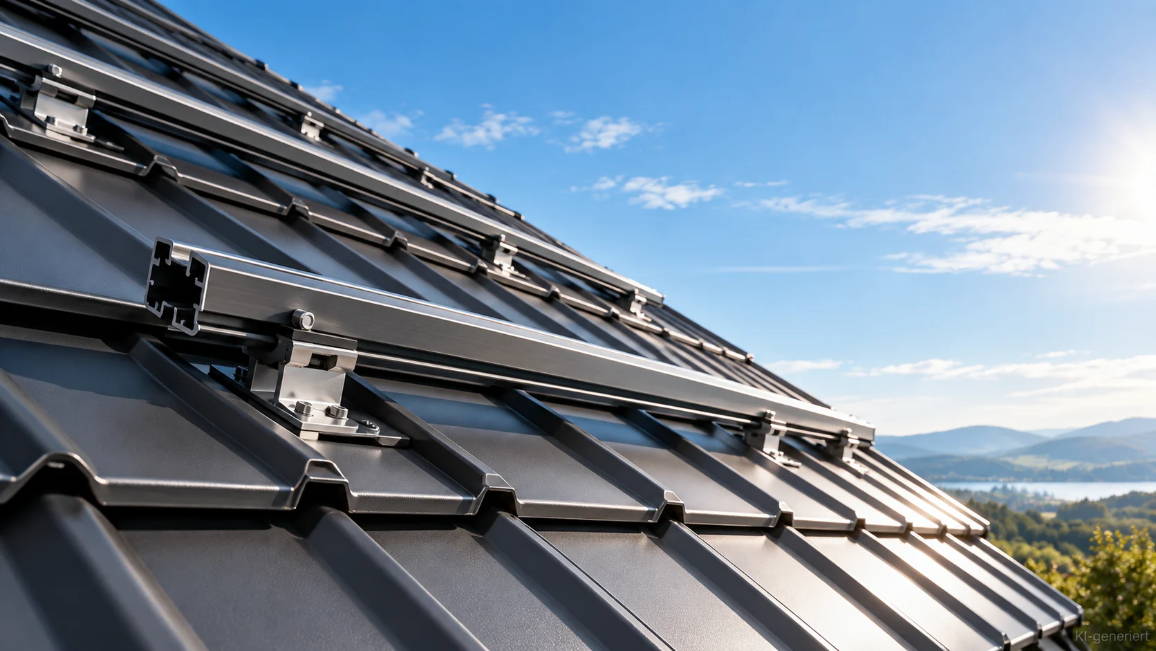 Detail eines modernen Metalldachs mit technischer Montageschiene